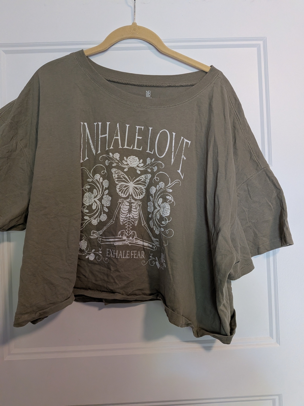 NOBO Olive Green "Inhale Love" Graphic Crop Tee